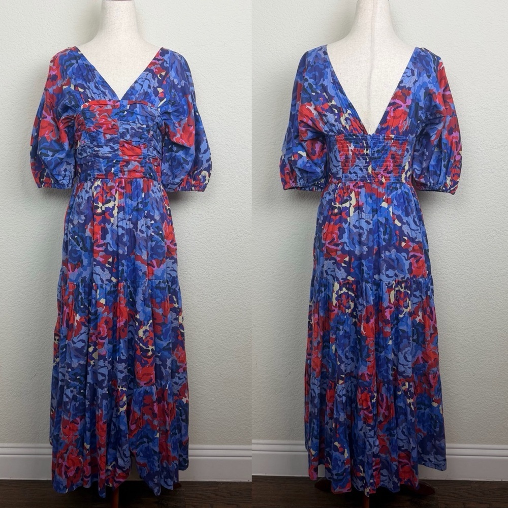Tuckernuck Ro's Garden 100% Cotton Blue Red Floral Puff Sleeve Nieves Maxi Dress